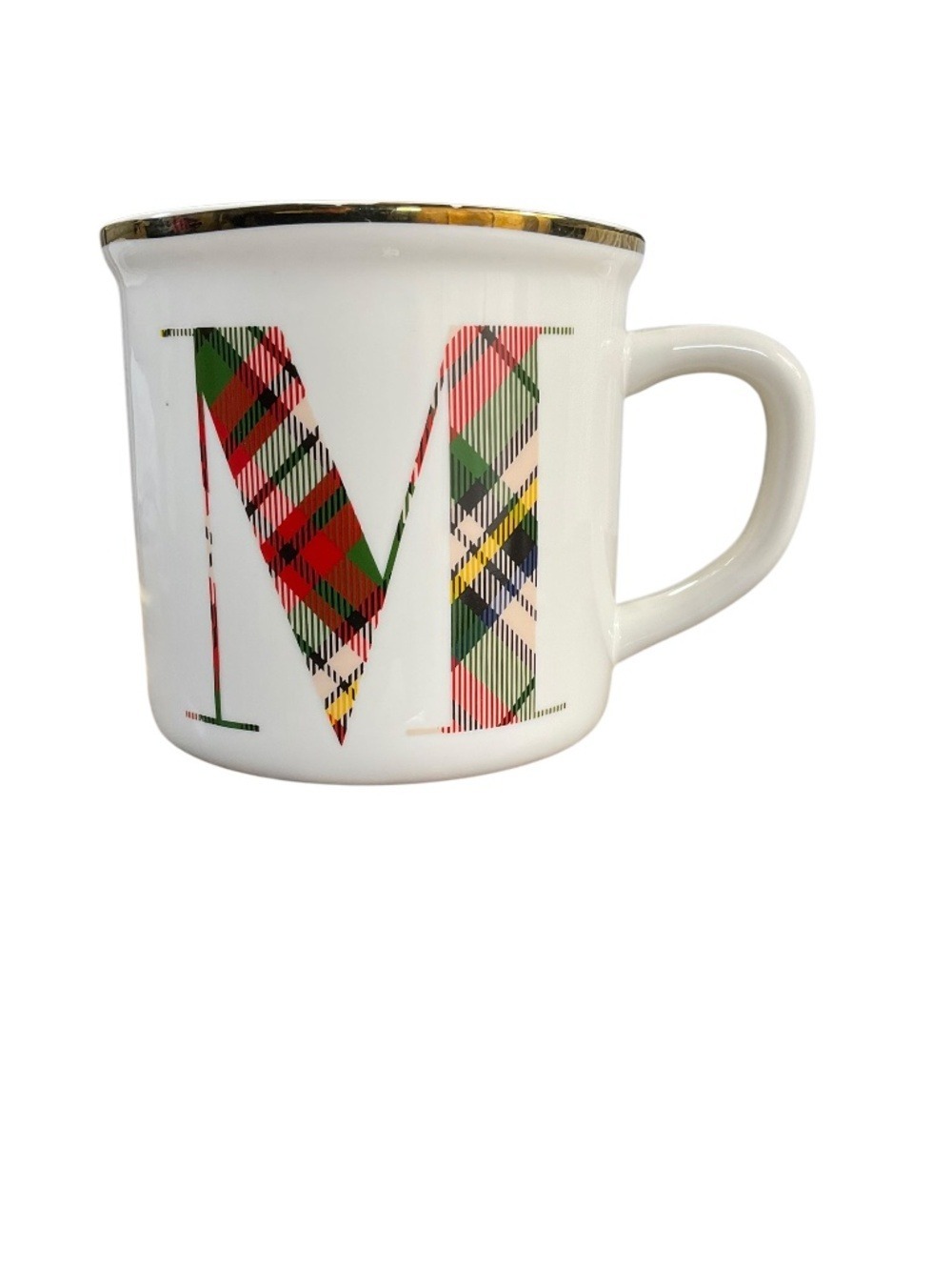 16 oz Pottery Barn Plaid Initial M Mug White Gold Rim Monogram Coffee Mug